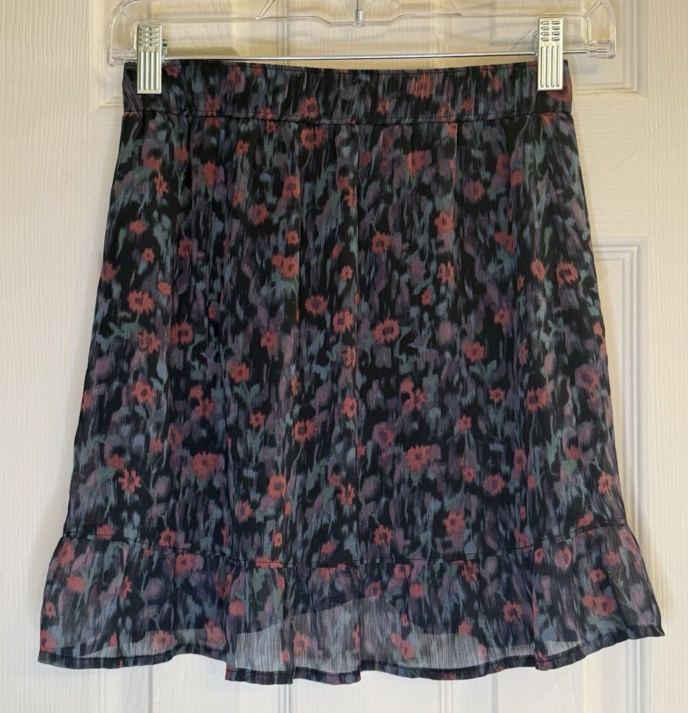 Abercrombie Kids Skirt S 13/14 Black Red Floral Ruffle Hem Sheer Overlay Lined